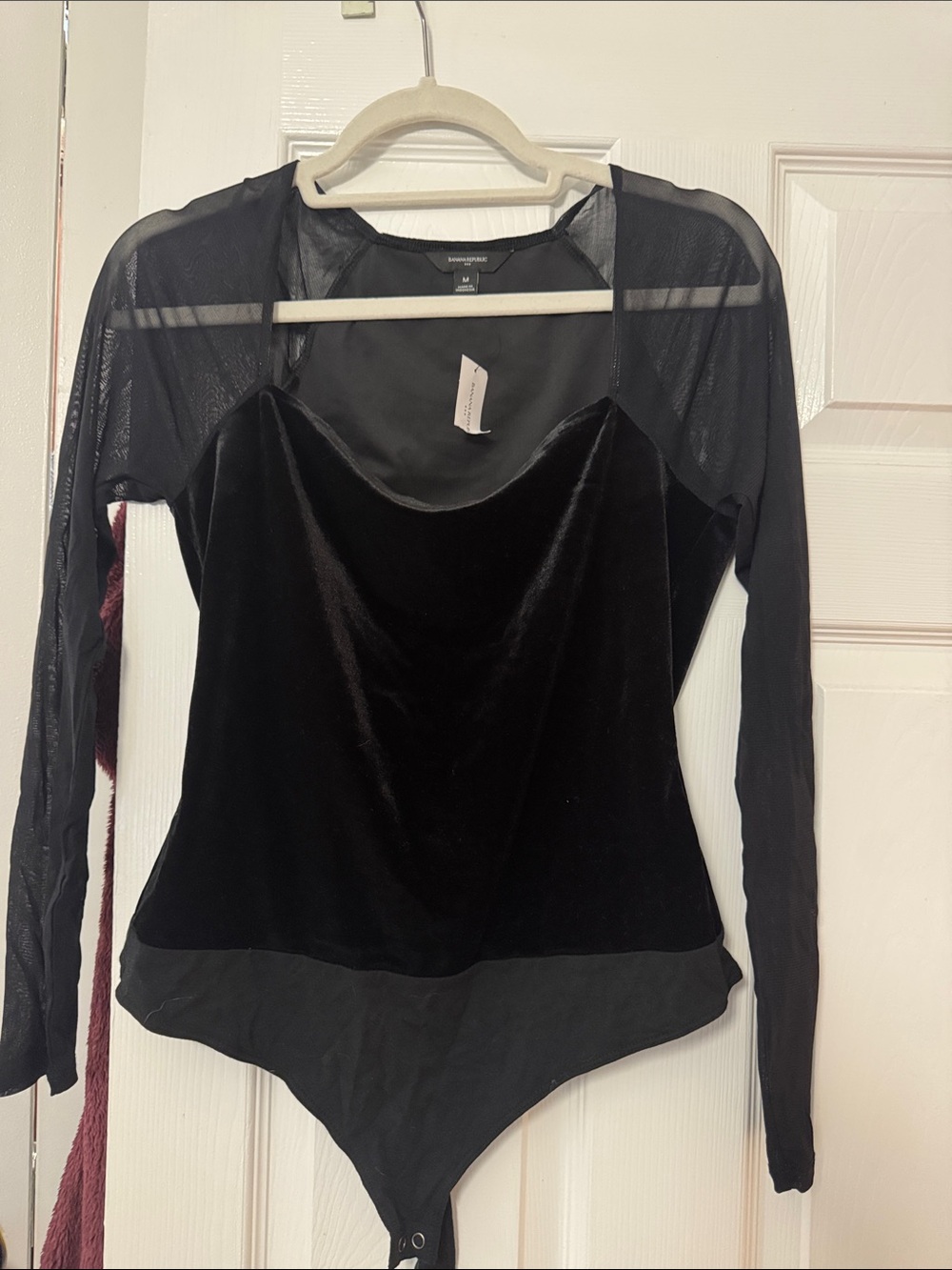 Long-Sleeve Black Velvet Bodysuit with Sheer Insets